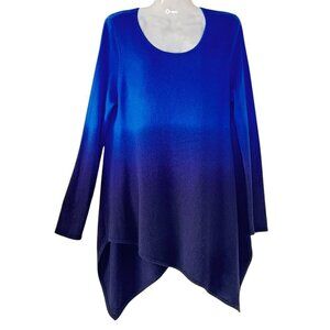 Neiman Marcus Cashmere Tunic Blue Ombre Sweater Asymmetric Handkerchief Hem Med